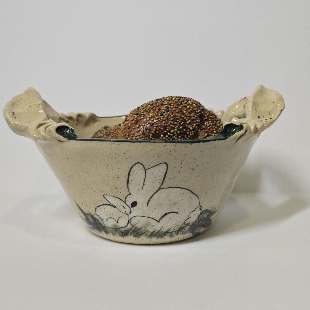 Vintage Gail Miller Signed Pottery Bunny Bowl Folk Art Arkansas HandPainted